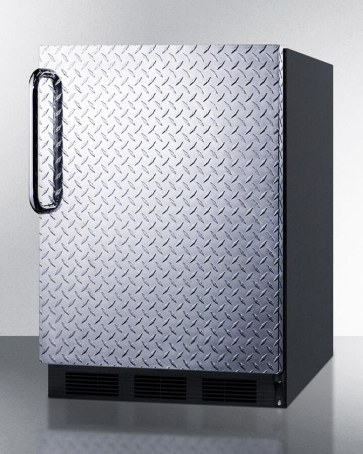 Summit FF63BDPLADA Ada Compliant Freestanding All-Refrigerator For Residential Use, Auto Defrost With Black Cabinet, Diamond Plate Wrapped Door, And Towel Bar Handle