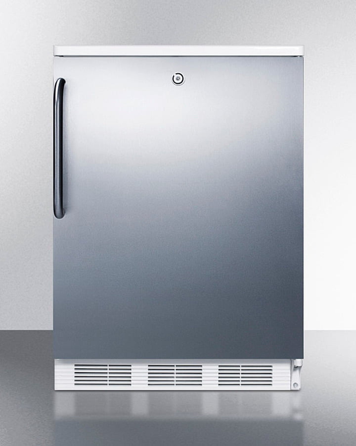 Summit FF6LW7SSTB Commercially Listed Freestanding All-Refrigerator For General Purpose Use, Auto Defrost W/Lock, Ss Wrapped Door, Towel Bar Handle, And White Cabinet