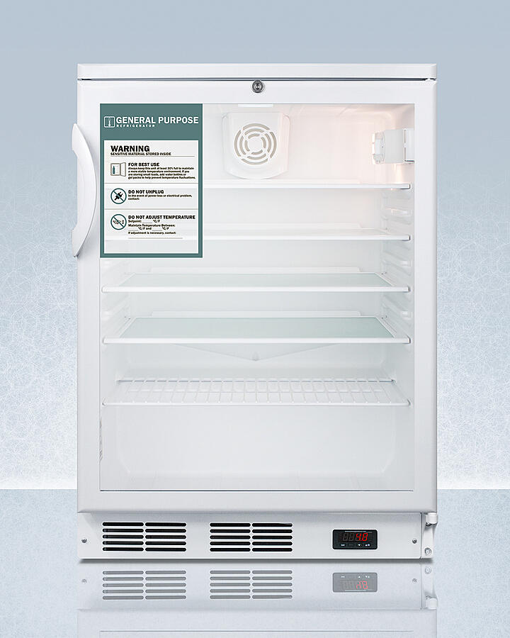 Summit SCR600GLGP Commercially Listed 5.5 Cu.Ft. General Purpose Counter Height All-Refrigerator In A 24" Footprint, With White Cabinet, Glass Door, Digital Thermostat, And Lock