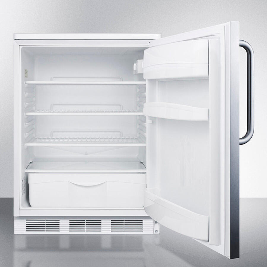 Summit FF6LW7SSTB Commercially Listed Freestanding All-Refrigerator For General Purpose Use, Auto Defrost W/Lock, Ss Wrapped Door, Towel Bar Handle, And White Cabinet