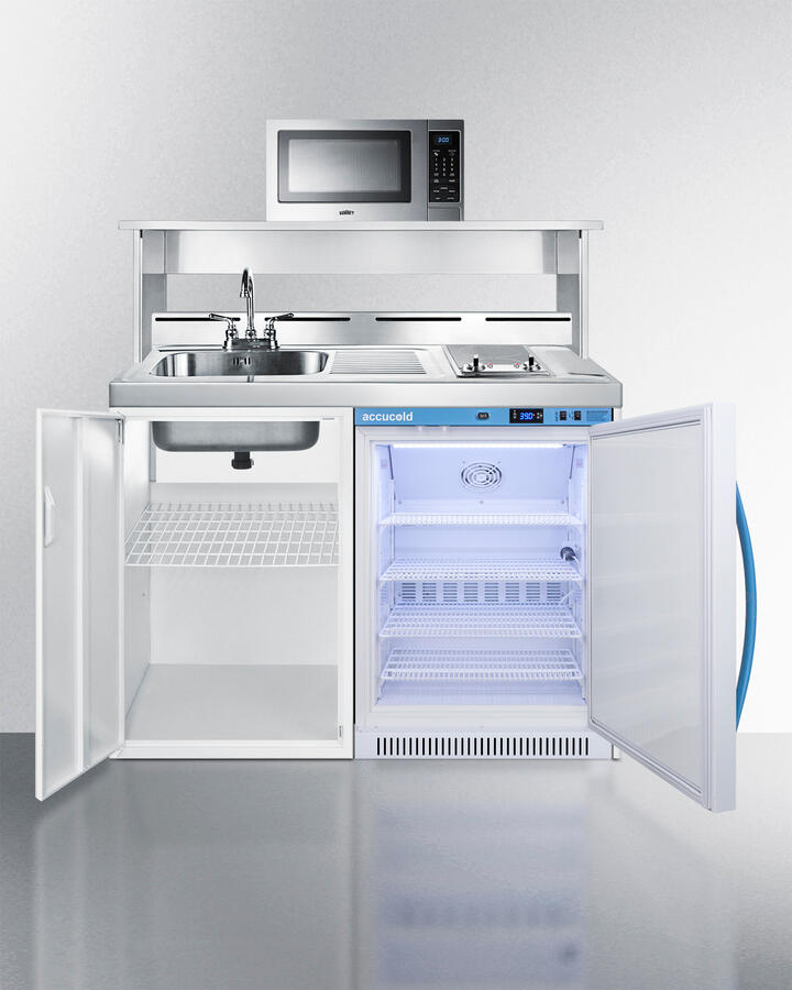 Summit C48ELMCMW 48" Wide All-In-One Kitchenette With A Smooth Glass Cooktop, Momcube Breast Milk Refrigerator, Microwave, Sink With Faucet, Storage Cabinet