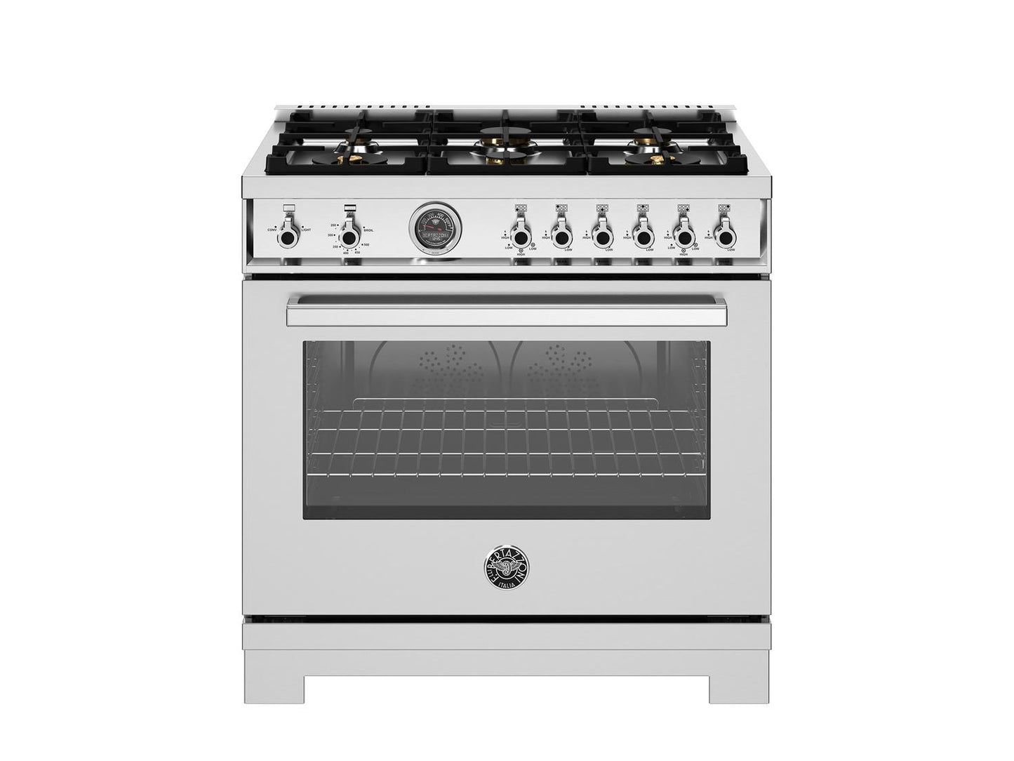 Bertazzoni PRO366BCFGMXT 36 Inch All Gas Range, 6 Brass Burners And Cast Iron Griddle Stainless Steel