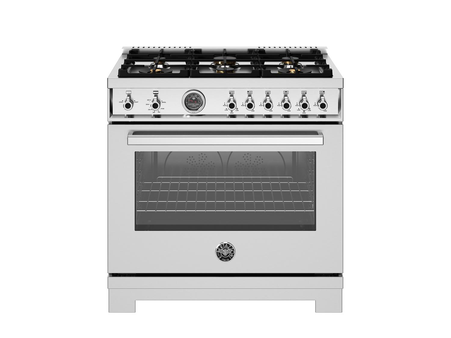 Bertazzoni PRO366BCFGMXT 36 Inch All Gas Range, 6 Brass Burners And Cast Iron Griddle Stainless Steel